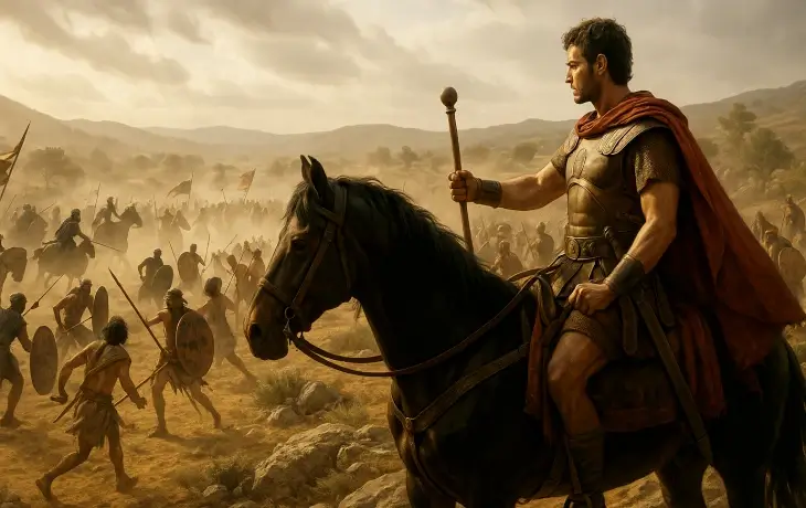 At sırtında Vaccaei seferini yöneten Hannibal’ın, Arbucala çevresindeki kabile çatışmalarını izlediği tozlu savaş alanı sahnesi.